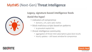Myth#5 (Next-Gen) Threat Intelligence
Legacy, signature-based intelligence feeds
Avoid the hype!
• indicators of compromise
• domains, urls, ipv4, ipv6, hashes
• block malicious scripts based on patterns
• to prevalent exploit kits
• threat intelligence community
• aggregation of threat intel subscriptions gives best results
• hourly updates – still leaves window for compromise
 