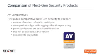 Comparison of Next-Gen Security Products
AV-Comparatives
First public comparative Next-Gen Security test report
• number of vendors refused to participate
• some product only provide logging rather than protecting
• protection features are deactivated by default
• may not be available as trial version
• do not sell to testing labs
 