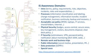 IS Awareness Domains:
• Intro (terms, policy, requirements, risks, objectives,
incidents, roles and responsibilities…)
• P...