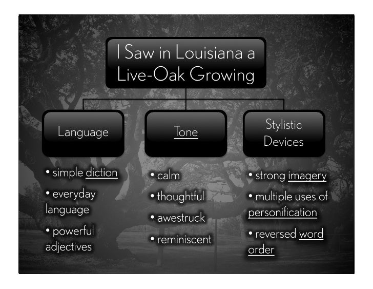poem analysis i saw in louisiana Read the poem i saw in louisiana a live-oak growing by walt whitman, the famous 19th century american poet includes an analysis of the. poem analysis i saw in louisiana Read the poem i saw in louisiana a live-oak growing by walt whitman, the famous 19th century american poet includes an analysis of the.