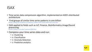 ISAX
• Time series data compression algorithm, implemented on H2O’s distributed
architecture
• Find groups of similar time series patterns in one billion
○ http://blog.h2o.ai/2016/11/indexing-1-billion-time-series-with-h2o-and-isax/
• ISAX applied to fields such as IoT, Finance, BioInformatics,Image/Sound
processing.
○ http://www.cs.ucr.edu/~eamonn/SAX.htm
• Compress your time series data and run:
• ○ Clustering
• ○ Classification
• ○ Anomaly Detection
• ○ Predictive analytics
 
