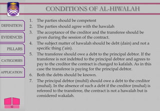 CONDITIONS OF AL-HIWALAH
              1.   The parties should be competent
DEFINITION    2.   The parties should agree with the hawalah
              3.   The acceptance of the creditor and the transferee should be
EVIDENCES          given during the session of the contract.
              4.   The subject matter of hawalah should be debt (dain) and not a
   PILLARS         specific thing („ain).
              5.   The transferee should owe a debt to the principal debtor. If the
CATEGORIES         transferee is not indebted to the principal debtor and agrees to
                   pay to the creditor the contract is changed to kafalah. As in this
                   case the transferee is paying for the principal debtor.
APPLICATION
              6.   Both the debts should be known.
              7.   The principal debtor (muhil) should owe a debt to the creditor
                   (muhal). In the absence of such a debt if the creditor (muhal) is
                   refereed to the transferee, the contract is not a hawalah but is
                   considered wakalah.

     12
 