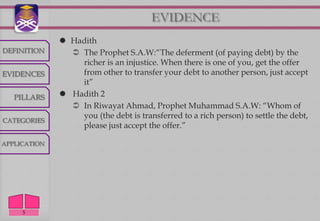 EVIDENCE
               Hadith
DEFINITION       The Prophet S.A.W:“The deferment (of paying debt) by the
                  richer is an injustice. When there is one of you, get the offer
EVIDENCES         from other to transfer your debt to another person, just accept
                  it”
   PILLARS     Hadith 2
                 In Riwayat Ahmad, Prophet Muhammad S.A.W: “Whom of
                  you (the debt is transferred to a rich person) to settle the debt,
CATEGORIES
                  please just accept the offer.”

APPLICATION




     5
 