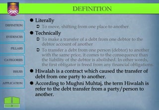 DEFINITION
                  Literally
 DEFINITION
                    To move, shifting from one place to another
                  Technically
  EVIDENCES
                    To make a transfer of a debt from one debtor to the
                     debtor account of another
    PILLARS
                    To transfer a debt from one person (debtor) to another
                     with the same price, it comes to the consequence than
CATEGORIES           the liability of the debtor is abolished. In other words,
                     the first obligator is freed from any financial obligations.
        ISSUES    Hiwalah is a contract which caused the transfer of
                   debt from one party to another.
APPLICATION       According to Mughni Muhtaj, the term Hiwalah is
                   refer to the debt transfer from a party/person to
                   another.

    3
 