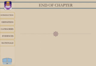 END OF CHAPTER

INTRODUCTION



DEFINITION


CATEGORIES


 EVIDENCES          
RATIONALE




     23
 