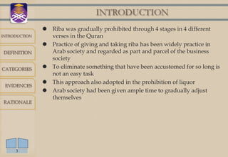 INTRODUCTION
                Riba was gradually prohibited through 4 stages in 4 different
INTRODUCTION     verses in the Quran
                Practice of giving and taking riba has been widely practice in
DEFINITION       Arab society and regarded as part and parcel of the business
                 society
CATEGORIES      To eliminate something that have been accustomed for so long is
                 not an easy task
                This approach also adopted in the prohibition of liquor
 EVIDENCES
                Arab society had been given ample time to gradually adjust
                 themselves
RATIONALE




     3
 