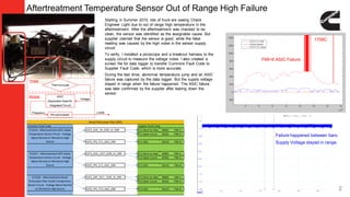 2
Aftertreatment Temperature Sensor Out of Range High Failure
Starting in Summer 2015, lots of truck are seeing Check
Engineer Light due to out of range high temperature in the
aftertreatment. After the aftertreatment was checked to be
clean, the sensor was identified as the assignable cause. But
supplier claimed that the sensor is good, while the false
reading was caused by the high noise in the sensor supply
circuit.
To verify, I installed a picoscope and a breakout harness to the
supply circuit to measure the voltage noise. I also created a
screen file for data logger to transfer Cummins Fault Code to
Supplier Fault Code, which is more accurate.
During the test drive, abnormal temperature jump and an ASIC
failure was captured by the data logger. But the supply voltage
stayed in range when the failure happened. The ASIC failure
was later confirmed by the supplier after tearing down the
sensor.
Cummins Fault Code Supplier Fault Code
EGTS_DOC_IN_OOR_HI_ERR TC1 Short to Vbat 00001 FMI=1
TC1 Open Circuit 00101 FMI=5
EGTS_PFS_TC1_ASIC_ERR TC1 ASIC 00110 FMI=6
EGTS_DOC_OUT_OOR_HI_ERR TC2 Short to Vbat 00001 FMI=1
TC2 Open Circuit 00101 FMI=5
EGTS_PFS_TC2_ASIC_ERR TC2 ASIC 00110 FMI=6
EGTS_DPF_OUT_ OOR_HI_ERR TC3 Short to Vbat 00001 FMI=1
TC3 Open Circuit 00101 FMI=5
EGTS_PFS_TC3_ASIC_ERR TC3 ASIC 00110 FMI=6
FC3314 - Aftertreatment DOC Intake
Temperature Sensor Circuit - Voltage
Above Normal or Shorted to High
Source
FC3317 - Aftertreatment DPF Intake
Temperature Sensor Circuit - Voltage
Above Normal or Shorted to High
Source
FC3319 - Aftertreatment Diesel
Particulate Filter Outlet Temperature
Sensor Circuit - Voltage Above Normal
or Shorted to High Source
Diesel Particulate Filter (DPF)
Failure happened between bars.
Supply Voltage stayed in range.
1758C
FMI=6 ASIC Failure
 