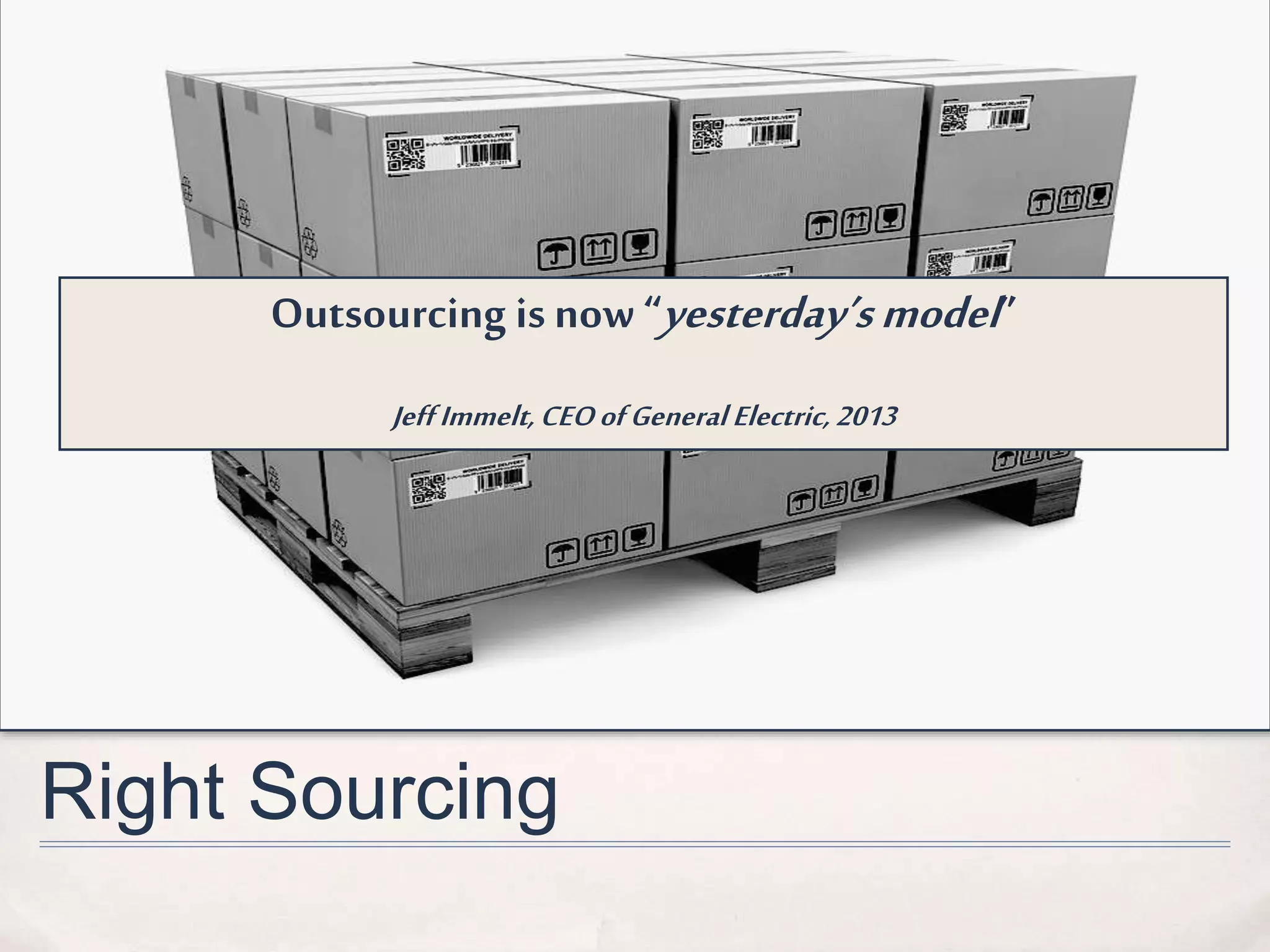 Outsourcing is now “yesterday’s model ” 
Jeff Immelt, CEO of General Electric, 2013 
Right Sourcing 
 