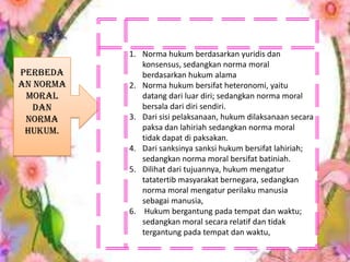 perbeda
an norma
moral
dan
norma
hukum.
1. Norma hukum berdasarkan yuridis dan
konsensus, sedangkan norma moral
berdasarkan hukum alama
2. Norma hukum bersifat heteronomi, yaitu
datang dari luar diri; sedangkan norma moral
bersala dari diri sendiri.
3. Dari sisi pelaksanaan, hukum dilaksanaan secara
paksa dan lahiriah sedangkan norma moral
tidak dapat di paksakan.
4. Dari sanksinya sanksi hukum bersifat lahiriah;
sedangkan norma moral bersifat batiniah.
5. Dilihat dari tujuannya, hukum mengatur
tatatertib masyarakat bernegara, sedangkan
norma moral mengatur perilaku manusia
sebagai manusia,
6. Hukum bergantung pada tempat dan waktu;
sedangkan moral secara relatif dan tidak
tergantung pada tempat dan waktu,
 