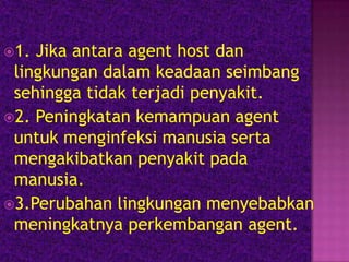 1.

Jika antara agent host dan
lingkungan dalam keadaan seimbang
sehingga tidak terjadi penyakit.
2. Peningkatan kemampuan agent
untuk menginfeksi manusia serta
mengakibatkan penyakit pada
manusia.
3.Perubahan lingkungan menyebabkan
meningkatnya perkembangan agent.

 