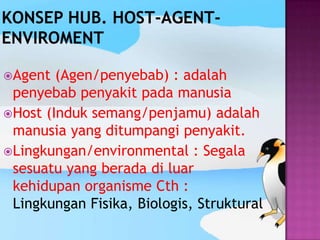 Agent

(Agen/penyebab) : adalah
penyebab penyakit pada manusia
Host (Induk semang/penjamu) adalah
manusia yang ditumpangi penyakit.
Lingkungan/environmental : Segala
sesuatu yang berada di luar
kehidupan organisme Cth :
Lingkungan Fisika, Biologis, Struktural

 