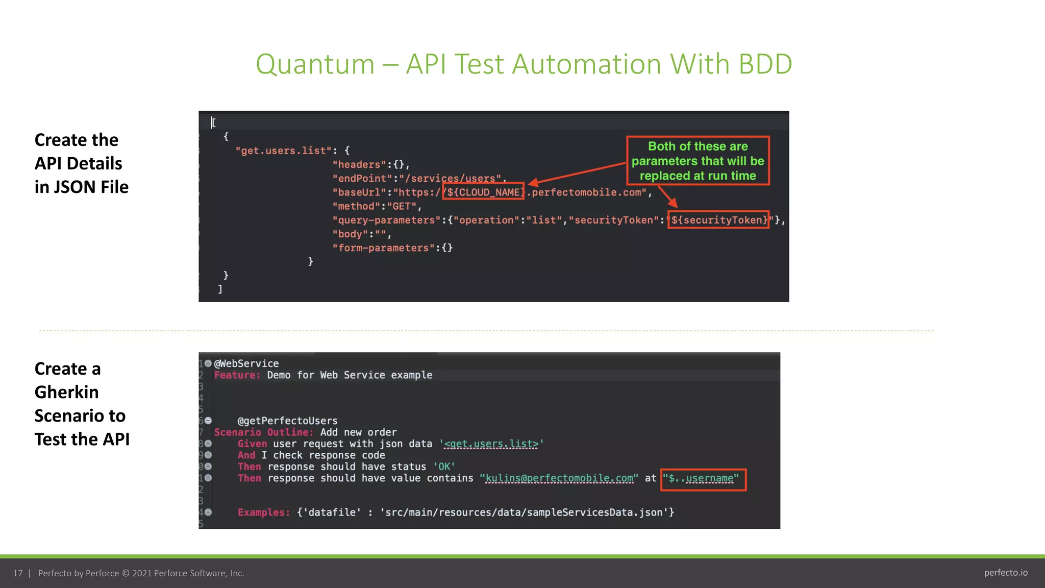 perfecto.io
17 | Perfecto by Perforce © 2021 Perforce Software, Inc.
Quantum – API Test Automation With BDD
Create the
API Details
in JSON File
Create a
Gherkin
Scenario to
Test the API
 