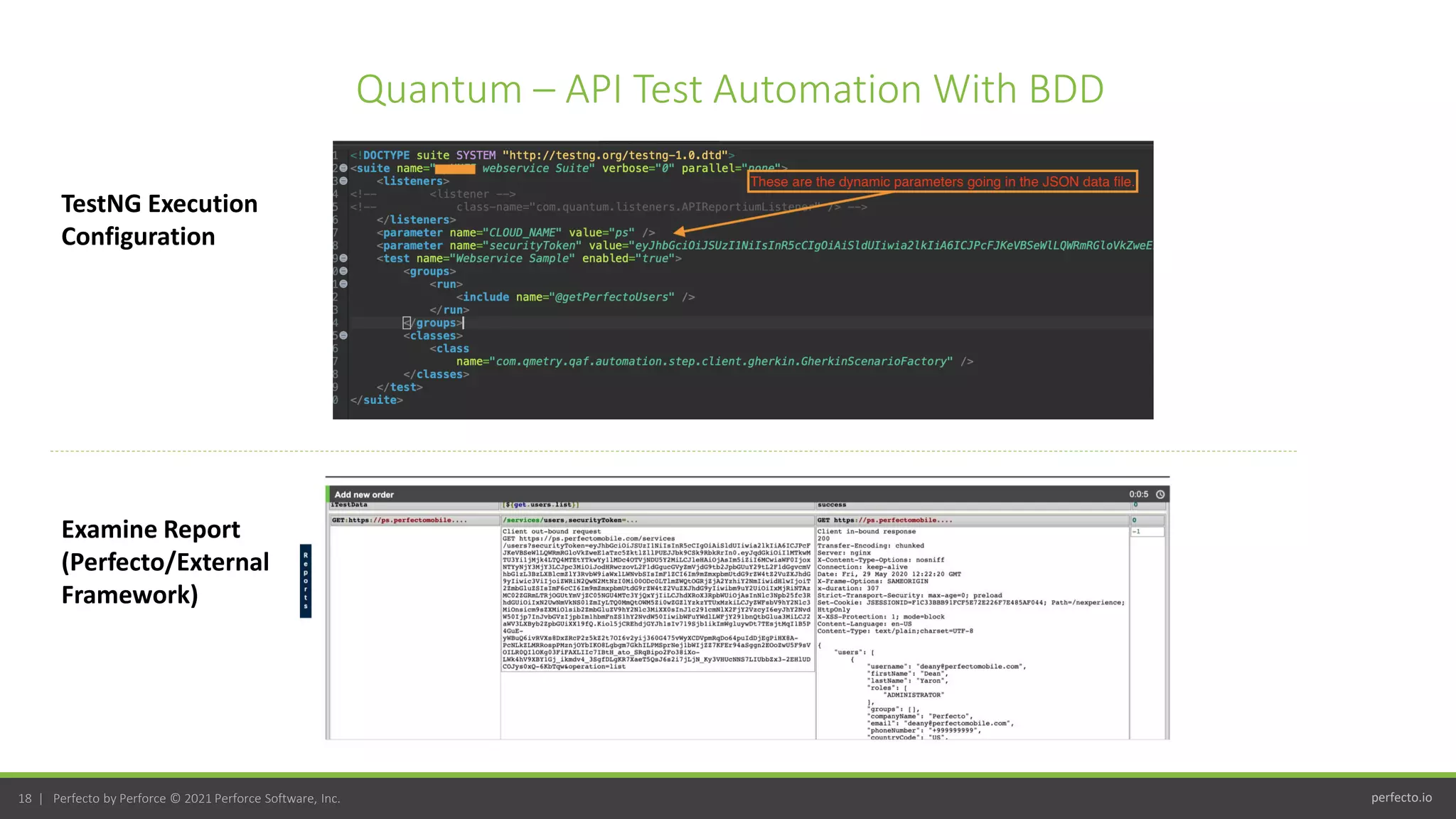 perfecto.io
18 | Perfecto by Perforce © 2021 Perforce Software, Inc.
Quantum – API Test Automation With BDD
TestNG Execution
Configuration
Examine Report
(Perfecto/External
Framework)
 