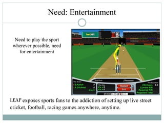 Need to play the sport
wherever possible, need
for entertainment
LEAP exposes sports fans to the addiction of setting up live street
cricket, football, racing games anywhere, anytime.
Need: Entertainment
 