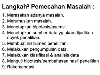 Langkah2 Pemecahan Masalah :
1. Merasakan adanya masalah.
2. Merumuskan masalah.
3. Menetapkan hipotesis/asumsi.
4. Menetapkan sumber data yg akan dijadikan
obyek penelitian.
5. Membuat instrumen penelitian.
6. Melakukan pengumpulan data.
7. Melakukan klasifikasi & analisis data
8. Menguji hipotesis/pembahasan hasil penelitian
9. Rekomendasi.
 