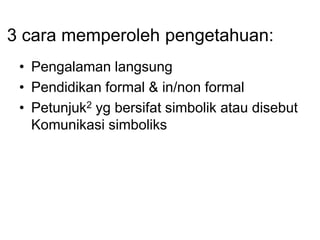 3 cara memperoleh pengetahuan:
• Pengalaman langsung
• Pendidikan formal & in/non formal
• Petunjuk2 yg bersifat simbolik atau disebut
Komunikasi simboliks
 