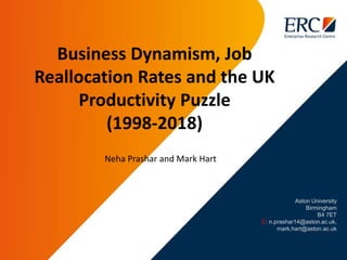 Aston University
Birmingham
B4 7ET
E: n.prashar14@aston.ac.uk,
mark.hart@aston.ac.uk
Business Dynamism, Job
Reallocation Rates and the UK
Productivity Puzzle
(1998-2018)
Neha Prashar and Mark Hart
 
