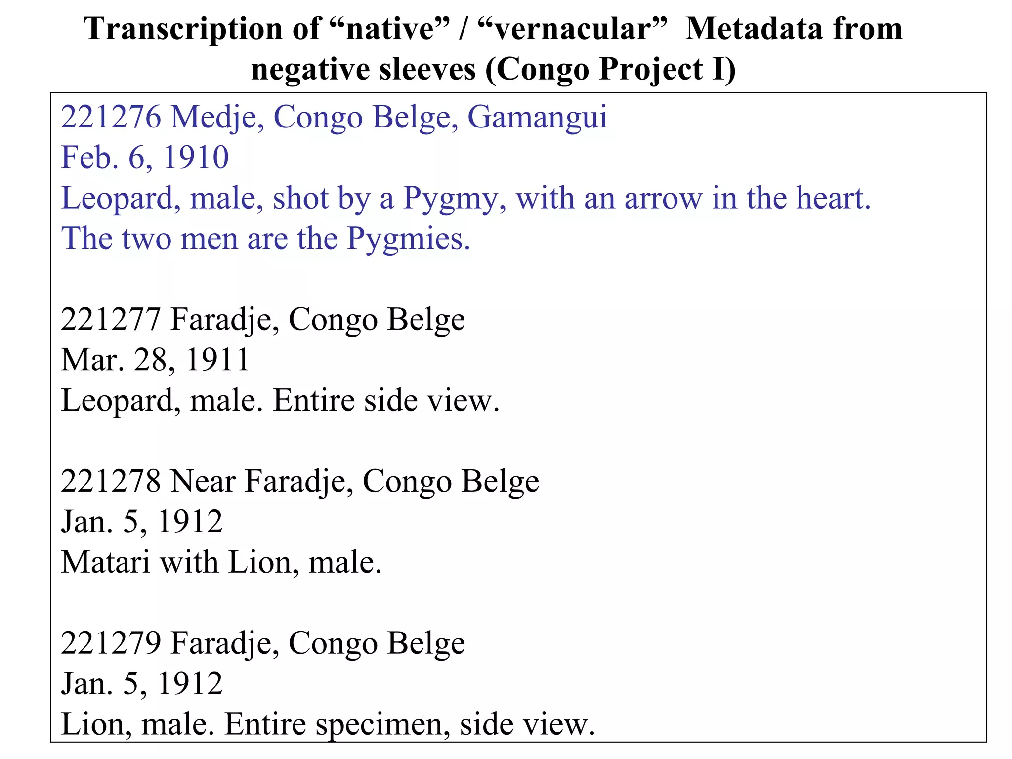 Transcription of “native” / “vernacular” Metadata from
             negative sleeves (Congo Project I)
221276 Medje, Congo Belge, Gamangui
Feb. 6, 1910
Leopard, male, shot by a Pygmy, with an arrow in the heart.
The two men are the Pygmies.

221277 Faradje, Congo Belge
Mar. 28, 1911
Leopard, male. Entire side view.

221278 Near Faradje, Congo Belge
Jan. 5, 1912
Matari with Lion, male.

221279 Faradje, Congo Belge
Jan. 5, 1912
Lion, male. Entire specimen, side view.
 