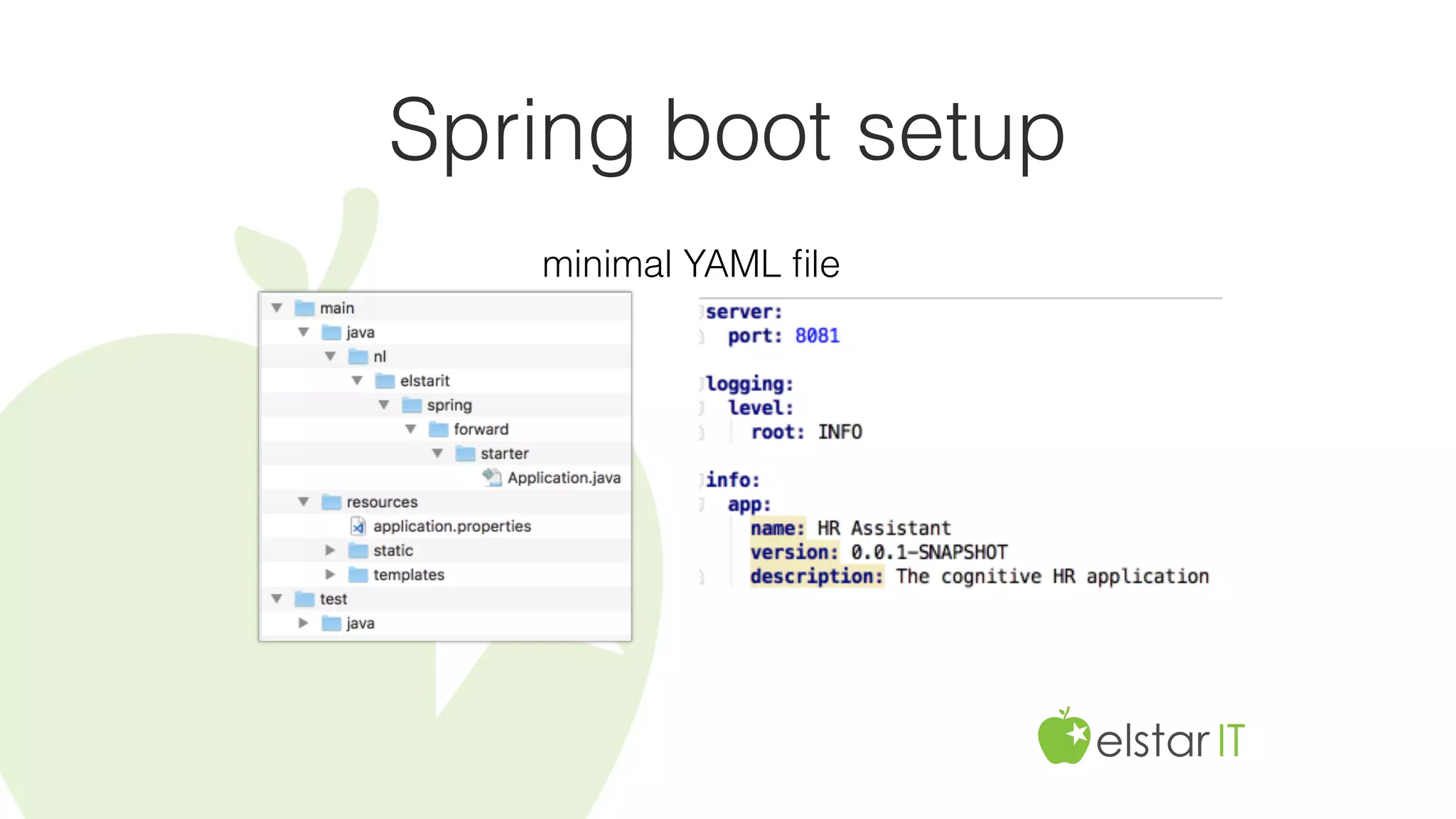 Spring boot setup
minimal YAML ﬁle
 
