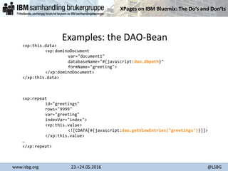 XPages on IBM Bluemix: The Do‘s and Don‘ts
www.isbg.org 23.+24.05.2016 @LSBG
Examples: the DAO-Bean
<xp:this.data>
<xp:dominoDocument
var="document1"
databaseName="#{javascript:dao.dbpath}"
formName="greeting">
</xp:dominoDocument>
</xp:this.data>
<xp:repeat
id="greetings"
rows="9999"
var="greeting"
indexVar="index">
<xp:this.value>
<![CDATA[#{javascript:dao.getViewEntries("greetings")}]]>
</xp:this.value>
…
</xp:repeat>
 