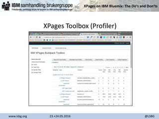 XPages on IBM Bluemix: The Do‘s and Don‘ts
www.isbg.org 23.+24.05.2016 @LSBG
XPages Toolbox (Profiler)
 