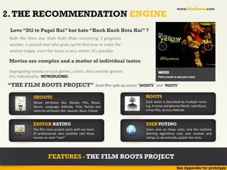 www.filmfiesta.com
2. THE RECOMMENDATION ENGINE
 Love “Dil to Pagal Hai” but hate “Kuch Kuch Hota Hai” ?
 Both	
   90s	
   ﬁlms	
   star	
   Shah	
   Rukh	
   Khan	
   romancing	
   2	
   gorgeous	
  
 women,	
  a	
  second	
  man	
  who	
  gives	
  up	
  his	
  ﬁrst	
  love	
  to	
  make	
  the	
  
 woman	
  happy,	
  even	
  the	
  music	
  is	
  very	
  similar.	
  It’s	
  possible.	
  

 Movies are complex and a matter of individual tastes

 Segrega?ng	
  movies	
  on	
  just	
  genres,	
  actors,	
  ?me	
  periods	
  ignores	
  
 this	
  individuality.	
  INTRODUCING:	
  

“THE FILM ROOTS PROJECT” :Each	
  ﬁlm	
  split	
  up	
  across	
  “SHOOTS”	
  and	
  “ROOTS”	
  

                      SHOOTS                                                                          ROOTS
                      Movie	
   a+ributes	
   like:	
   Moods,	
   Plot,	
   Music,	
                 Each	
   shoot	
   is	
   described	
   by	
   mul?ple	
   roots:	
  
                      Genre,	
   Language,	
   Antude,	
   Time	
   Period	
   and	
                  e.g.	
  A	
  tense	
  and	
  gloomy	
  Mood,	
  rock	
  Music,	
  
                      external	
  a+ributes	
  like:	
  Awards,	
  Basis,	
  Censor	
                 crime	
  Plot,	
  serious	
  Antude	
  



                     EDITOR RATING                                                                    USER VOTING
                     The	
   ﬁlm	
   roots	
   project	
   starts	
   with	
   our	
   team	
         Users	
   vote	
   on	
   these	
   roots,	
   and	
   the	
   machine	
  
                     of	
   professionals	
   who	
   carefully	
   rate	
   these	
                  learning	
   algorithms	
   scan	
   user	
   reviews	
   and	
  
                     movies	
  on	
  each	
  “root”	
                                                 ra?ngs	
  to	
  dynamically	
  update	
  the	
  roots.	
  




                                      FEATURES - THE FILM ROOTS PROJECT
                                                                                                                                        See Appendix for prototype
 