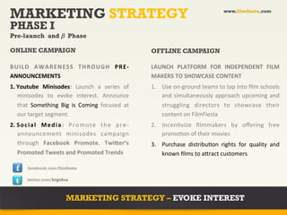 MARKETING STRATEGY                                                                                                   www.filmfiesta.com


PHASE I
Pre-launch and β Phase

ONLINE CAMPAIGN                                                             OFFLINE CAMPAIGN

B U I L D	
   A W A R E N E S S	
   T H R O U G H	
   P R E -­‐             LAUNCH	
   PLATFORM	
   FOR	
   INDEPENDENT	
   FILM	
  
ANNOUNCEMENTS	
                                                             MAKERS	
  TO	
  SHOWCASE	
  CONTENT	
  
1.  Youtube	
   Minisodes:	
   Launch	
   a	
   series	
   of	
             1.  Use	
  on-­‐ground	
  teams	
  to	
  tap	
  into	
  ﬁlm	
  schools	
  
    minisodes	
   to	
   evoke	
   interest.	
   Announce	
                     and	
   simultaneously	
   approach	
   upcoming	
   and	
  
    that	
   Something	
   Big	
   is	
   Coming	
   focused	
   at	
           struggling	
   directors	
   to	
   showcase	
   their	
  
    our	
  target	
  segment.	
                                                 content	
  on	
  FilmFiesta	
  
2.  S o c i a l	
   M e d i a :	
   P r o m o t e	
   t h e	
   p r e -­‐   2.  Incen?vize	
   ﬁlmmakers	
   by	
   oﬀering	
   free	
  
    announcement	
   minisodes	
   campaign	
                                   promo?on	
  of	
  their	
  movies	
  
    through	
   Facebook	
   Promote,	
   Twiher’s	
                        3.  Purchase	
   distribu?on	
   rights	
   for	
   quality	
   and	
  
    Promoted	
  Tweets	
  and	
  Promoted	
  Trends	
                           known	
  ﬁlms	
  to	
  a+ract	
  customers	
  

   f      facebook.com/filmfiesta


   t      twitter.com/bigidea



                                 MARKETING STRATEGY – EVOKE INTEREST
 