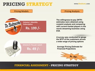 PRICING STRATEGY                                                                       www.filmfiesta.com



   Pricing	
  Models	
                                                  Pricing	
  Analysis	
  


                                                               The willingness-to-pay (WTP)
               Scheme	
  I:	
  Monthly	
                       estimates were obtained using
               SubscripAon	
                                   conjoint analysis and comparing
                                                               with current market players in the
               	
  	
  	
  Rs.	
  199	
  /-­‐	
                movie streaming business using
                                                               EVA


                                                               A survey was conducted to gauge
                                                               the WTP of the customers across
                                                               a wide range of pricing options
               Scheme	
  II:	
  Pay	
  per	
  watch	
  
                                                               Average Pricing Estimate for
               	
  	
  	
  	
  	
  Rs.	
  49	
  /-­‐	
  	
     Financial Projections



                                                                               Rs.	
  49/-­‐	
  


   FINANCIAL ASSESSMENT – PRICING STRATEGY
 