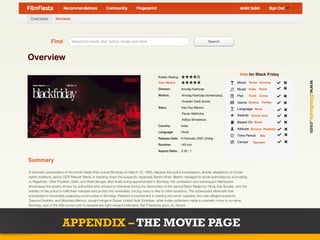 Project name                  Home        Link      Link     Link      Dropdown              Search                                                          Link      Dropdown




                Find          Search for mood, plot, actors, music and more                                                  Search



Overview
                                                                                                                                                Vote for Black Friday
                                                                                         Public Rating




                                                                                                                                                                                  www.filmfiesta.com
                                                                                         Your Match                                            Mood Tense Gloomy
                                                                                         Director:       Anurag Kashyap                        Music Indie Rock
                                                                                         Writers:        Anurag Kashyap (screenplay),          Plot      Truth Crime
                                                                                                         Hussain Zaidi (book)                  Genre Drama Thriller
                                                                                         Stars:          Kay Kay Menon,                        Language Hindi
                                                                                                         Pavan Malhotra,
                                                                                                                                               Awards Grand Jury
                                                                                                         Aditya Srivastava
                                                                                                                                               Based On Book
                                                                                         Country:        India
                                                                                                                                               Attitude Serious Realistic
                                                                                         Language:       Hindi
                                                                                                                                               Time Period     90s
                                                                                         Release Date: 9 February 2007 (India)
                                                                                                                                               Censor      Banned
                                                                                         Runtime:        143 min

                                                                                         Aspect Ratio:   2.35 : 1


Summary

 A dramatic presentation of the bomb blasts that rocked Bombay on March 12, 1993, displays the police investigation, amidst allegations of human
 rights violations, led by DCP Rakesh Maria, in tracking down the suspects, especially Bashir Khan. Bashir managed to elude authorities by re-locating
 to Rajasthan, Uttar Pradesh, Delhi, and West Bengal, after ﬁnally being apprehended in Bombay. His confession and subsequent ﬂashbacks
 showcases the apathy shown by authorities who refused to intervene during the destruction of the sacred Babri Masjid by Hindu Kar Sevaks, and the
 inability of the police to fulﬁll their mandate and protect the vulnerable, forcing many to ﬂee to other locations. The subsequent aftermath that
 succeeded in irreversibly polarizing communities in Bombay; Pakistan's involvement in training and arms' supplies; the main alleged suspects,
 Dawood Ibrahim, and Mushtaq Memon, sought refuge in Dubai, United Arab Emirates, while Indian politicians made a cosmetic move to re-name
 Bombay; and of the little-known plot to assassinate right-winged politicians, Bal Thackeray and L.K. Advani.




                       APPENDIX – THE MOVIE PAGE
 