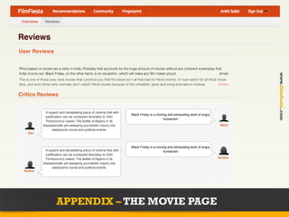 Reviews
User Reviews


Films based on books are a rarity in India. Probably that accounts for the huge amount of movies without any coherent screenplay that
India churns out. Black Friday, on the other hand, is an exception, which will make any ﬁlm maker proud.                           Arnab




                                                                                                                                                    www.filmfiesta.com
This is one of those (very rare) movies that convince you that the future isn't all that bad for Hindi cinema. A must watch for all Hindi movie
fans, and even those who normally don't watch Hindi movies because of the unrealistic gloss and song-and-dance routines.                  Kritika


Critics Reviews


                  A superb and devastating piece of cinema that with
                                                                             Black Friday is a moving and exhausting work of angry
                  justification can be compared favorably to Gillo
                                                                                                   humanism
                  Pontocorvo's classic The Battle of Algiers in its
                dispassionate yet sweeping journalistic inquiry into                                                                       Nikhil
                       cataclysmic social and political events.
      Hari



                                                                             Black Friday is a moving and exhausting work of angry
                  A superb and devastating piece of cinema that with                               humanism
                  justification can be compared favorably to Gillo
                  Pontocorvo's classic The Battle of Algiers in its                                                                       Divisha
                dispassionate yet sweeping journalistic inquiry into
                       cataclysmic social and political events.
   Kanika




                         APPENDIX – THE MOVIE PAGE
 