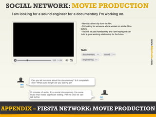 SOCIAL NETWORK: MOVIE PRODUCTION
   I am looking for a sound engineer for a documentary I'm working on.

                                                                     - Here is a short clip from the ﬁlm.
                                                                     - I'm looking for someone who's worked on similar ﬁlms
                                                                     before.
                                                                     - You will be paid handsomely and I am hoping we can
                                                                     build a great working relationship for the future.




                                                                                                                              www.filmfiesta.com
                                                                     TAGS

                                                                       documentary 345          sound   254


                                       0:00 / 4:59                     engineering 254




                Can you tell me more about this documentary? Is it completely
                shot? What audio length are you looking at?
        abc
        said

               10 minutes of audio. It's a social documentary, I've some
               music that needs signiﬁcant editing. PM me and we can
               talk further                                                              xyz
                                                                                         said




APPENDIX – FIESTA NETWORK: MOVIE PRODUCTION
 