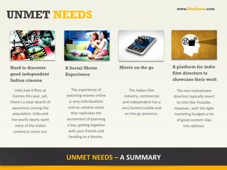 www.filmfiesta.com

UNMET NEEDS

                                                       photo	
                               photo	
                                  photo	
  


Hard to discover                            A Social Movie                        Movie on the go                         A platform for indie
good independent                            Experience                                                                    film directors to
Indian cinema                                                                                                             showcase their work

   India	
  had	
  4	
  ﬁlms	
  at	
              The	
  experience	
  of	
            The	
  Indian	
  Film	
              The	
  non-­‐mainstream	
  
  Cannes	
  this	
  year,	
  yet,	
         watching	
  movies	
  online	
          industry,	
  commercial	
             directors	
  typically	
  revert	
  
there’s	
  a	
  clear	
  dearth	
  of	
      is	
  very	
  individualis?c	
        and	
  independent	
  has	
  a	
         to	
  sites	
  like	
  Youtube.	
  
 awareness	
  among	
  the	
                 and	
  no	
  solu?on	
  exists	
      very	
  limited	
  mobile	
  and	
     However,	
  with	
  the	
  ?ght	
  
  popula?on.	
  India	
  and	
                   that	
  replicates	
  the	
         on-­‐the-­‐go	
  presence.	
  	
     marke?ng	
  budgets	
  a	
  lot	
  
 the	
  world	
  clearly	
  want	
          excitement	
  of	
  planning	
                                                  of	
  good	
  content	
  slips	
  
   more	
  of	
  the	
  Indian	
            a	
  day,	
  genng	
  together	
                                                       into	
  oblivion.	
  	
  
  cinema	
  to	
  come	
  out.               with	
  your	
  friends	
  and	
  
                   	
                        heading	
  to	
  a	
  theater.	
  




                                            UNMET	
  NEEDS	
  –	
  A	
  SUMMARY	
  
 