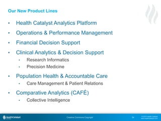 © 2015 Health Catalyst
www.healthcatalyst.com
Creative Commons Copyright
• Health Catalyst Analytics Platform
• Operations & Performance Management
• Financial Decision Support
• Clinical Analytics & Decision Support
• Research Informatics
• Precision Medicine
• Population Health & Accountable Care
• Care Management & Patient Relations
• Comparative Analytics (CAFÉ)
• Collective Intelligence
34
Our New Product Lines
 