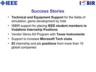 Success Stories Technical and Equipment Support  for the fields of simulation, game development by Intel ISBIR support for placing  IEEE student members to Vodafone Internship Positions Vendor Demo Kit Program with  Texas Instruments Support to increase  Microsoft Tech clubs 83  internship and job  positions  from more than 10 global companies 