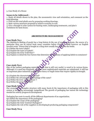 5. Case Study of a House
Issues to be Addressed :
1. Study all details shown in the plan, the axonometric view and orientation, and comment on the
total planning.
2. Find out the total plinth area by preparing working drawings.
3. State various measures proposed to achieve economy in cost.
4. Give a thought to solar system for heating water, landscaping treatments, and plan’s
Usefulness for farm house.
ARCHITECTURE MANAGEMENT
Case Study No:1
The labeling & Making of goods has a long history & the use of marks to indicate, the source of a
particular item can be traced book many countries before Christ. In 1888 however an English
novelist wrote” Poison that is bought at a drug store usually has a label on the bottle.
Q 1) Define the term Labels?
Q 2) Explain the types of Labels?
Q 3) Explain the term ‘Cold Glue’?
Q 4) Explain in detail the four factors that determine the efficiency of applying labels to containers?
Case study No:2
One of the earliest packaging materials & one that is still very useful, is wood in its various forms.
Although it is used less frequently as other more sophisticated materials are substituted, it still has
an important place industrial packaging for heavy or fragile items that require rigidity & strength.
Q 1) Explain the characteristics of wood?
Q 2) Define the advantage & disadvantage of the same?
Q 3) Define the term ‘ Nailed Boxes’ ?
Q 4) Define the term ‘ CRATES’?
Case Study No 3
Our economy is a complex structure with many facets & the importance of packaging with in this
system is becoming increasingly insignificant The growth of packaging has outrun the technology
needed for orderly progress & development.
.
Packaging has roots in nearly all the different departments of an organization.
Q1) Define the importance of the packaging?
Q 2) Explain the scope of the packaging?
Q 3) Explain the term ‘Contract Packagers’?
Q 4) Explain the role of the suppliers in developing & producing packaging components?
Case Study No:4
 