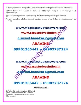 ii) Would your answer change if the Goodwill transferred is of a profession instead of business?
iii) What shall be your answer if the shares are sold through a recognized stock exchange on 1st
December 2007
Q4b) The following incomes are received by Mr. Mohan during financial year 2007-08
You are required to calculate Income from other sources of Mr. Mohan for the assessment year
2008-09
www.mbacasestudyanswers.com
www.casestudysolution.in
aravind.banakar@gmail.com
ARAVIND
09901366442 – 09902787224
www.mbacasestudyanswers.com
www.casestudysolution.in
aravind.banakar@gmail.com
ARAVIND
09901366442 – 09902787224
CORPORATE LAW
Q1) Write short notes (any two) (10 Marks)
a) Void Contracts and Void able Contracts
b) Standard Terms and Freedom of Contract
c) Banking Law
 