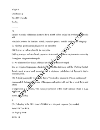 Wages 2
Overheads 3
Fixed Overhead 2
Profit 3
_____
15
(i) Raw Material will remain in stores for 1 month before issued for production. Material
will
remain in process for further 1 month. Suppliers grant 4 months credit to the company.
(ii) Finished goods remain in godown for 2 months
(iii) Debtors are allowed credit for 2 months.
(iv) Lag in wages and overheads payments in 1 month, and these expenses accrue evenly
throughout the production cycle.
(v) No increase either in cost of inputs or selling price is envisaged
You are required to prepare a Projected Profitability statement and the Working Capital
Requirement at new level, assuming that a minimum cash balance of Rs.20000 has to
be maintained.
(D). A stock is currently trading for Rs.29. The risk less interest is 7 % p.a continuously
compounded. Estimate the value of European call option with a strike price of Rs.30 and
a time
of expiration of 4 months. The standard deviation of the stock’s annual return is 0.45.
Apply BS
model. (20 marks)
5
(E). Following is the EPS record of AB Ltd over the past 10 years. (20 marks)
Year EPS Year EPS
10 Rs.30 5 Rs.16
9 20 4 15
 