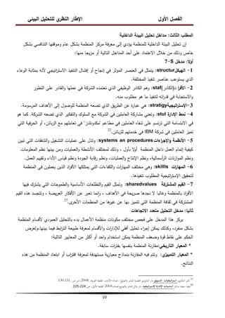 ‫البيئي‬ ‫لمتحميل‬ ‫ي‬
‫النظر‬ ‫اإلطار‬ ‫األول‬ ‫الفصل‬
10
‫الثالث‬ ‫المطمب‬
:
‫الداخمية‬ ‫البيئة‬ ‫تحميل‬ ‫مداخل‬
‫بشكل‬ ‫التنافسي‬ ‫وموقفيا‬ ‫عام‬ ‫بشكل‬ ‫المنظمة‬ ‫مركز‬ ‫فة‬‫ر‬‫مع‬ ‫إلى‬ ‫يؤدي‬ ‫لممنظمة‬ ‫الداخمية‬ ‫البيئة‬ ‫تحميل‬ ‫إن‬
‫منيا‬ ‫يجا‬‫ز‬‫م‬ ‫أو‬ ‫التالية‬ ‫المداخل‬ ‫أحد‬ ‫عمى‬ ‫االعتماد‬ ‫خالل‬ ‫من‬ ‫وذلك‬ ‫خاص‬
:
‫ال‬‫و‬‫أ‬
:
‫مدخل‬
-S
7
1
-
‫الييكل‬
structur
:
‫الوعاء‬ ‫بمثابة‬ ‫ألنو‬ ‫اتيجي‬
‫ر‬‫االست‬ ‫التنفيذ‬ ‫إفشال‬ ‫أو‬ ‫إنجاح‬ ‫في‬ ‫المؤثر‬ ‫العنصر‬ ‫في‬ ‫يتمثل‬
‫المختمفة‬ ‫تنفيذ‬ ‫عناصر‬ ‫يستوعب‬ ‫الذي‬
.
2
-
‫ا‬
‫ر‬‫األف‬
‫د‬
(
‫الكادر‬
)
staf
:
‫التطور‬ ‫عمى‬ ‫القادر‬‫و‬ ‫عمميا‬ ‫في‬ ‫الشركة‬ ‫تعتمده‬ ‫الذي‬ ‫الوظيفي‬ ‫الكادر‬ ‫وىم‬
‫منو‬ ‫مطموب‬ ‫ىو‬ ‫ما‬ ‫لتنفيذ‬ ‫اتو‬
‫ر‬‫قد‬ ‫في‬ ‫االستجابة‬‫و‬
.
3
-
‫اتيجية‬
‫ر‬‫اإلست‬
stratigy
:
‫المرسومة‬ ‫األىداف‬ ‫إلى‬ ‫لموصول‬ ‫المنظمة‬ ‫تضعو‬ ‫الذي‬ ‫يق‬‫ر‬‫الط‬ ‫عن‬ ‫ة‬
‫ر‬‫عبا‬ ‫ىي‬
.
4
-
‫ة‬
‫اإلدار‬ ‫نمط‬
stul
:
‫الشركة‬ ‫تضعو‬ ‫الذي‬ ‫التفكير‬‫و‬ ‫السموك‬ ‫مع‬ ‫الشركة‬ ‫في‬ ‫العاممين‬ ‫مشاركة‬ ‫وتعني‬
.
‫ىو‬ ‫كما‬
‫مطاعم‬ ‫في‬ ‫العاممين‬ ‫شفاه‬ ‫عمى‬ ‫تسم‬‫ر‬‫ت‬ ‫التي‬ ‫االبتسامة‬ ‫في‬
"
‫مكدونمدز‬
"
‫التي‬ ‫فية‬‫ر‬‫الح‬ ‫أو‬ ،‫بائن‬‫ز‬‫ال‬ ‫مع‬ ‫تعامميم‬ ‫في‬
‫شركة‬ ‫في‬ ‫العاممين‬ ‫تميز‬
IBM
‫بائن‬‫ز‬‫لم‬ ‫خدمتيم‬ ‫في‬
.
22
5
-
‫اءات‬
‫ر‬‫اإلج‬‫و‬ ‫األنظمة‬
systems an procedures
:
‫تبين‬ ‫التي‬ ‫التدفقات‬‫و‬ ‫التشغيل‬ ‫عمميات‬ ‫عمى‬ ‫وتدل‬
‫المعمومات‬ ‫نظم‬ ‫بينيا‬ ‫ومن‬ ‫العمميات‬‫و‬ ‫األنشطة‬ ‫لمختمف‬ ‫وذلك‬ ، ‫بأول‬ ‫ال‬
‫و‬‫أ‬ ‫المنظمة‬ ‫داخل‬ ‫العمل‬ ‫إتمام‬ ‫كيفية‬
‫العمل‬ ‫وتقييم‬ ‫األداء‬ ‫قياس‬ ‫ونظم‬ ‫الجودة‬ ‫قابة‬‫ر‬ ‫ونظم‬ ،‫العمميات‬‫و‬ ‫اإلنتاج‬ ‫ونظم‬ ،‫أسمالية‬
‫ر‬‫ال‬ ‫نات‬‫ز‬‫ا‬‫و‬‫الم‬ ‫ونظم‬
.
6
-
‫ات‬
‫ر‬‫الميا‬
skillls
:
‫المنظمة‬ ‫في‬ ‫يعممون‬ ‫الذين‬ ‫اد‬
‫ر‬‫األف‬ ‫يمتمكيا‬ ‫التي‬ ‫الكفاءات‬‫و‬ ‫ات‬
‫ر‬‫الميا‬ ‫مختمف‬ ‫وىي‬
‫تنفيذىا‬ ‫المطموب‬ ‫اتيجية‬
‫ر‬‫اإلست‬ ‫لتحقيق‬
.
7
-
‫المشتركة‬ ‫القيم‬
sharedvalues
:
‫فييا‬ ‫يشترك‬ ‫التي‬ ‫الطموحات‬‫و‬ ‫األساسية‬ ‫التطمعات‬‫و‬ ‫القيم‬ ‫وتمثل‬
‫القيم‬ ‫ىذه‬ ‫وتتجسد‬ ، ‫يضة‬‫ر‬‫الع‬ ‫األفكار‬ ‫عن‬ ‫تعبر‬ ‫نما‬‫ا‬‫و‬ ، ‫األىداف‬ ‫في‬ ‫يحة‬‫ر‬‫ص‬ ‫نجدىا‬ ‫ال‬ ‫وغالبا‬ ‫بالمنظمة‬ ‫اد‬
‫ر‬‫األف‬
‫ى‬
‫األخر‬ ‫المنظمات‬ ‫من‬ ‫ىا‬
‫غير‬ ‫عن‬ ‫بيا‬ ‫تتميز‬ ‫التي‬ ‫المنظمة‬ ‫ثقافة‬ ‫في‬ ‫المشتركة‬
.
23
‫ثانيا‬
:
‫االتجاىات‬ ‫متعدد‬ ‫التحميل‬ ‫مدخل‬
‫المنظمة‬ ‫ألقسام‬ ‫العمودي‬ ‫بالتحميل‬ ‫بدء‬ ‫األعمال‬ ‫منظمة‬ ‫مكونات‬ ‫مختمف‬ ‫فحص‬ ‫عمى‬ ‫المدخل‬ ‫ىذا‬ ‫يركز‬
‫ولغرض‬،‫بينيا‬ ‫فيما‬ ‫ابط‬
‫ر‬‫الت‬ ‫طبيعة‬ ‫فة‬‫ر‬‫لمع‬ ‫األقسام‬‫و‬ ‫ات‬
‫ر‬‫لإلدا‬ ‫أفقي‬ ‫تحميل‬ ‫اء‬
‫ر‬‫إج‬ ‫يمكن‬ ‫وكذلك‬ ،‫منفرد‬ ‫بشكل‬
‫التالية‬ ‫المعايير‬ ‫من‬ ‫أكثر‬ ‫أو‬ ‫احد‬‫و‬ ‫استخدام‬ ‫يمكن‬ ‫المنظمة‬ ‫وضعف‬ ‫قوة‬ ‫نقاط‬ ‫عمى‬ ‫الحكم‬
:
*
‫التاريخي‬ ‫المعيار‬
:
‫سابقة‬ ‫ات‬
‫ر‬‫بفت‬ ‫بنفسيا‬ ‫المنظمة‬ ‫نة‬‫ر‬‫مقا‬
.
*
‫ي‬
‫التمييز‬ ‫المعيار‬
:
‫ىذه‬ ‫من‬ ‫المنظمة‬ ‫ابتعاد‬ ‫أو‬ ‫اب‬
‫ر‬‫اقت‬ ‫فة‬‫ر‬‫لمع‬ ‫مستيدفة‬ ‫ية‬‫ر‬‫معيا‬ ‫بنماذج‬ ‫نة‬‫ر‬‫المقا‬ ‫فيو‬ ‫وتتم‬
‫النتائج‬
.
22
،‫البكري‬ ‫ثامر‬
،‫التسويق‬ ‫اتيجيات‬‫ر‬‫است‬
‫عمان‬ ، ‫يع‬‫ز‬‫التو‬‫و‬ ‫للنشر‬ ‫العلمية‬ ‫اليازوري‬ ‫دار‬
-
،‫بية‬‫ر‬‫الع‬ ‫الطبعة‬ ،‫األردن‬
2008
‫ص‬ ‫ص‬ ،
:
130،131
.
23
،‫سامل‬ ‫سعيد‬ ‫مؤيد‬
‫أساسيات‬
‫اتيجية‬‫ر‬‫اإلست‬ ‫اإلدارة‬
،‫عمان‬،‫يع‬‫ز‬‫التو‬‫و‬ ‫للنشر‬ ‫ائل‬‫و‬ ‫دار‬ ،
2004
‫ص‬ ،‫األوىل‬ ‫الطبعة‬
:
224
،
225
.
 