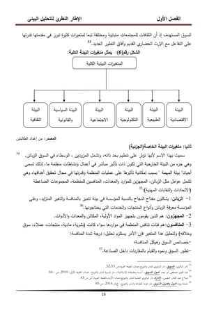 ‫البيئي‬ ‫لمتحميل‬ ‫ي‬
‫النظر‬ ‫اإلطار‬ ‫األول‬ ‫الفصل‬
16
‫تيا‬‫ر‬‫قد‬ ‫مقدمتيا‬ ‫في‬ ‫تبرز‬ ‫ة‬
‫ر‬‫كثي‬ ‫ات‬
‫ر‬‫لمتغي‬ ‫تبعا‬ ‫ومختمفة‬ ‫متباينة‬ ‫لممجتمعات‬ ‫الثقافات‬ ‫أن‬ ‫إذ‬ ‫المستيدف‬ ‫السوق‬
‫الجديد‬ ‫التطور‬ ‫وآفاق‬ ‫القديم‬ ‫ي‬
‫الحضار‬ ‫اإلرث‬ ‫مع‬ ‫التفاعل‬ ‫عمى‬
.
33
‫رقم‬ ‫الشكل‬
(
6
)
:
‫الكمية‬ ‫البيئة‬ ‫ات‬
‫ر‬‫متغي‬ ‫يمثل‬
:
‫المصدر‬
:
‫الط‬ ‫إعداد‬ ‫من‬
‫البتين‬
‫ثانيا‬
:
‫الخاصة‬ ‫البيئة‬ ‫ات‬
‫ر‬‫متغي‬
(
‫الجزئية‬
)
‫بائن‬‫ز‬‫ال‬ ‫السوق‬ ‫في‬ ‫الوسطاء‬ ، ‫المزودين‬ ‫وتشمل‬ ،‫ذاتو‬ ‫بحد‬ ‫تنظيم‬ ‫عمى‬ ‫تؤثر‬ ‫ألنيا‬ ‫االسم‬ ‫بيذا‬ ‫سميت‬
.
34
‫تسمى‬ ‫لذلك‬ ،‫ما‬ ‫منظمة‬ ‫ونشاطات‬ ‫أعمال‬ ‫في‬ ‫مباشر‬ ‫تأثير‬ ‫ذات‬ ‫تكون‬ ‫التي‬ ‫الخارجية‬ ‫البيئة‬ ‫من‬ ‫ء‬
‫جز‬ ‫وىي‬
‫أحيانا‬
"
‫الميمة‬ ‫بيئة‬
"
‫وىي‬ ،‫أىدافيا‬ ‫تحقيق‬ ‫مجال‬ ‫في‬ ‫تيا‬‫ر‬‫وقد‬ ‫المنظمة‬ ‫عمميات‬ ‫عمى‬ ‫ىا‬
‫تأثير‬ ‫إمكانية‬ ‫بسبب‬
‫الضاغطة‬ ‫المجموعات‬ ،‫لممنظمة‬ ‫المنافسين‬ ،‫المعدات‬‫و‬ ‫ارد‬‫و‬‫لمم‬ ‫ين‬‫ز‬‫المجي‬ ،‫بائن‬‫ز‬‫ال‬ ‫مثل‬ ‫امل‬‫و‬‫ع‬ ‫تشمل‬
(
‫المينية‬ ‫النقابات‬‫و‬ ‫االتحادات‬
)
:
35
1
-
‫الزبائن‬
:
‫وعمى‬ ،‫ايد‬
‫ز‬‫المت‬ ‫التغير‬‫و‬ ‫بالمنافسة‬ ‫تتميز‬ ‫بيئة‬ ‫في‬ ‫لممؤسسة‬ ‫بالنسبة‬ ‫النجاح‬ ‫مفتاح‬ ‫يشكمون‬
‫يحتاجونيا‬ ‫التي‬ ‫الخدمات‬‫و‬ ‫المنتجات‬ ‫اع‬‫و‬‫أن‬‫و‬ ‫بائن‬‫ز‬‫ال‬ ‫فة‬‫ر‬‫مع‬ ‫المؤسسة‬
.
36
2
-
‫المجيزون‬
:
‫ات‬‫و‬‫األد‬‫و‬ ‫المعدات‬‫و‬ ‫المكائن‬ ،‫األولية‬ ‫اد‬‫و‬‫الم‬ ‫بتجييز‬ ‫يقومون‬ ‫الذين‬ ‫ىم‬
.
3
-
‫المنافسون‬
:
‫كانت‬ ‫اء‬‫و‬‫س‬ ‫اردىا‬‫و‬‫م‬ ‫في‬ ‫المنظمة‬ ‫تنافس‬ ‫فئات‬ ‫ىم‬
(
‫سوق‬ ،‫عمالء‬ ،‫منتجات‬ ،‫مادية‬ ،‫ية‬‫ر‬‫بش‬
‫وخالفو‬
)
‫تحميل‬ ‫يستمزم‬ ‫األمر‬ ‫فإن‬ ‫المتغير‬ ‫ىذا‬ ‫ولتحميل‬
:
‫المنافسة‬ ‫شدة‬ ‫درجة‬
:
-
‫المنافسة؛‬ ‫وىيكل‬ ‫السوق‬ ‫خصائص‬
-
‫الصناعة‬ ‫داخل‬ ‫نات‬‫ر‬‫بالمقا‬ ‫القيام‬‫و‬ ‫ونموه‬ ‫السوق‬ ‫تطور‬
.
37
33
،‫البكري‬ ‫ثامر‬
‫التسويق‬
،
‫ص‬،‫بية‬‫ر‬‫الع‬ ‫الطبعة‬ ،‫عمان‬،‫يع‬‫ز‬‫التو‬‫و‬ ‫للنشر‬ ‫اليازوري‬ ‫دار‬
:
52،53
.
34
،‫نبعو‬ ‫أبو‬ ‫مصطفى‬ ‫يز‬‫ز‬‫الع‬ ‫عبد‬
‫التسويق‬ ‫أصول‬
-
‫اإلسالمية‬ ‫وتطبيقاتو‬ ‫أسسو‬
-
،‫يع‬‫ز‬‫التو‬‫و‬ ‫للنشر‬ ‫ادلسًنة‬ ‫دار‬ ،
،‫عمان‬
،‫األوىل‬ ‫الطبعة‬
2010
،
‫ص‬
:
66
.
35
‫ا‬ ،‫النعيمي‬ ‫القادر‬ ‫عبد‬ ‫صالح‬
‫إلدارة‬
‫عمان‬،‫يع‬‫ز‬‫التو‬‫و‬ ‫للنشر‬ ‫العلمية‬ ‫اليازوري‬ ‫دار‬ ،
-
‫الطبعة‬،‫األردن‬
،‫بية‬‫ر‬‫الع‬
‫ص‬ ‫ص‬
:
43
.
36
،‫يد‬‫ز‬‫ي‬ ‫مليحة‬
،‫التسويق‬ ‫وفصول‬ ‫أصول‬
،‫يع‬‫ز‬‫التو‬‫و‬ ‫النشر‬‫و‬ ‫للطباعة‬ ‫ىومة‬ ‫دار‬
‫اجل‬
،‫ائر‬‫ز‬
2014
،
‫ص‬
:
85
.
‫البيئة‬
‫االقتصادية‬
‫البيئة‬
‫الطبيعية‬
‫ية‬
‫البيئة‬
‫التكنولوجية‬
‫البيئة‬
‫االجتماعية‬
‫السياسية‬ ‫البيئة‬
‫القانونية‬‫و‬
‫البيئة‬
‫الثقافية‬
‫الكمية‬ ‫البيئية‬ ‫ات‬
‫ر‬‫المتغي‬
 