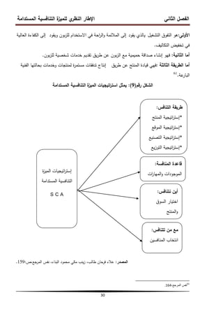 ‫المستدامة‬ ‫التنافسية‬ ‫ة‬
‫لمميز‬ ‫ي‬
‫النظر‬ ‫اإلطار‬ ‫الثاني‬ ‫الفصل‬
30
‫األولى‬
:
‫التشغيل‬ ‫التفوق‬ ‫ىو‬
‫يقود‬ ‫يالذي‬
‫إلى‬
‫ويقود‬ ‫بون‬‫ز‬‫لم‬ ‫االستخدام‬ ‫في‬ ‫احة‬
‫ر‬‫ال‬‫و‬ ‫المالئمة‬
‫إلى‬
‫العالية‬ ‫الكفاءة‬
‫التكاليف‬ ‫تخفيض‬ ‫في‬
.
‫أما‬
‫الثانية‬
:
‫فيو‬
‫إنشاء‬
‫بون‬‫ز‬‫لم‬ ‫شخصية‬ ‫خدمات‬ ‫تقديم‬ ‫يق‬‫ر‬‫ط‬ ‫عن‬ ‫بون‬‫ز‬‫ال‬ ‫مع‬ ‫حميمية‬ ‫صداقة‬
.
‫أما‬
‫الثالثة‬ ‫الطريقة‬
:
‫يق‬‫ر‬‫ط‬ ‫عن‬ ‫المنتج‬ ‫قيادة‬ ‫فيي‬
‫إنتاج‬
‫الفنية‬ ‫بحالتيا‬ ‫وخدمات‬ ‫لمنتجات‬ ‫ة‬
‫ر‬‫مستم‬ ‫تدفقات‬
‫عة‬
‫البار‬
.
61
‫رقم‬ ‫الشكل‬
(
9
)
:
‫المستدامة‬ ‫التنافسية‬ ‫ة‬
‫الميز‬ ‫اتيجيات‬
‫ر‬‫است‬ ‫يمثل‬
‫المصدر‬
:
‫ص‬،‫جع‬
‫المر‬ ‫نفس‬ ،‫البناء‬ ‫محمود‬ ‫مكي‬ ‫ينب‬‫ز‬ ،‫طالب‬ ‫فرحان‬ ‫عالء‬
:
159
.
61
،‫المرجع‬ ‫نفس‬
164
.
‫التنافس‬ ‫طريقة‬
:
*
‫المنتج‬ ‫اتيجية‬
‫ر‬‫إست‬
*
‫الموقع‬ ‫اتيجية‬
‫ر‬‫إست‬
*
‫التصنيع‬ ‫اتيجية‬
‫ر‬‫إست‬
*
‫يع‬‫ز‬‫التو‬ ‫اتيجية‬
‫ر‬‫إست‬
‫المنافسة‬ ‫قاعدة‬
:
‫ات‬
‫ر‬‫الميا‬‫و‬ ‫الموجودات‬
‫نتنافس‬ ‫أين‬
:
‫السوق‬ ‫اختيار‬
‫المنتج‬‫و‬
‫تتنافس‬ ‫من‬ ‫مع‬
:
‫المنافسين‬ ‫انتخاب‬
‫الميز‬ ‫اتيجيات‬
‫ر‬‫إست‬
‫ة‬
‫المستدامة‬ ‫التنافسية‬
S C A
 
