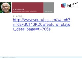 Dr. Bernd Schmid
                              Kongress Mentale Stärken, Heidelberg   www.isb-w.eu



                               21.10.2010

                              http://www.youtube.com/watch?
                              v=dzxGCT46KD0&feature=playe
                              r_detailpage#t=706s




© isb Systemische Professionalität 2012
 
