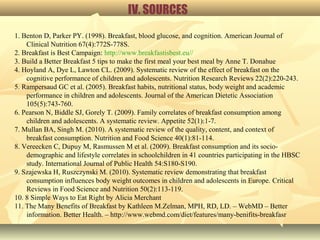 IV. SOURCES
1. Benton D, Parker PY. (1998). Breakfast, blood glucose, and cognition. American Journal of
Clinical Nutrition 67(4):772S-778S.
2. Breakfast is Best Campaign: http://www.breakfastisbest.eu//
3. Build a Better Breakfast 5 tips to make the first meal your best meal by Anne T. Donahue
4. Hoyland A, Dye L, Lawton CL. (2009). Systematic review of the effect of breakfast on the
cognitive performance of children and adolescents. Nutrition Research Reviews 22(2):220-243.
5. Rampersaud GC et al. (2005). Breakfast habits, nutritional status, body weight and academic
performance in children and adolescents. Journal of the American Dietetic Association
105(5):743-760.
6. Pearson N, Biddle SJ, Gorely T. (2009). Family correlates of breakfast consumption among
children and adolescents. A systematic review. Appetite 52(1):1-7.
7. Mullan BA, Singh M. (2010). A systematic review of the quality, content, and context of
breakfast consumption. Nutrition and Food Science 40(1):81-114.
8. Vereecken C, Dupuy M, Rasmussen M et al. (2009). Breakfast consumption and its socio-
demographic and lifestyle correlates in schoolchildren in 41 countries participating in the HBSC
study. International Journal of Public Health 54:S180-S190.
9. Szajewska H, Ruszczynski M. (2010). Systematic review demonstrating that breakfast
consumption influences body weight outcomes in children and adolescents in Europe. Critical
Reviews in Food Science and Nutrition 50(2):113-119.
10. 8 Simple Ways to Eat Right by Alicia Merchant
11. The Many Benefits of Breakfast by Kathleen M.Zelman, MPH, RD, LD. – WebMD – Better
information. Better Health. – http://www.webmd.com/diet/features/many-benifits-breakfasr
 