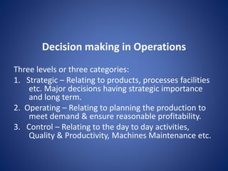 Three levels or three categories:
1. Strategic – Relating to products, processes facilities
etc. Major decisions having strategic importance
and long term.
2. Operating – Relating to planning the production to
meet demand & ensure reasonable profitability.
3. Control – Relating to the day to day activities,
Quality & Productivity, Machines Maintenance etc.
Decision making in Operations
 