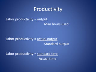 Labor productivity = output
Man hours used
Labor productivity = actual output
Standard output
Labor productivity = standard time
Actual time
Productivity
 
