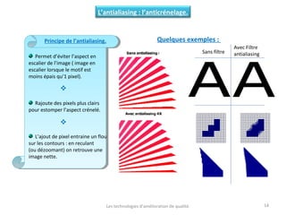 Les technologies d’amélioration de qualité. 14
L’antialiasing : l’anticrénelage.
Principe de l’antialiasing.
Permet d’éviter l’aspect en
escalier de l’image ( image en
escalier lorsque le motif est
moins épais qu’1 pixel).
Rajoute des pixels plus clairs
pour estomper l’aspect crénelé.
L’ajout de pixel entraine un flou
sur les contours : en reculant
(ou dézoomant) on retrouve une
image nette.


Quelques exemples :
Sans filtre
Avec Filtre
antialiasing
 