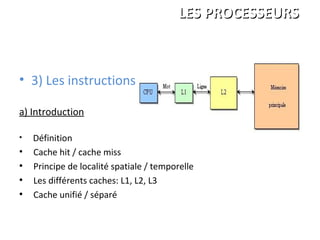 • 3) Les instructions
a) Introduction
• Définition
• Cache hit / cache miss
●
Principe de localité spatiale / temporelle
●
Les différents caches: L1, L2, L3
●
Cache unifié / séparé
ANDRE Charles
LEGRAND François
PALGEN Marc
ISBS 1ére année
LES PROCESSEURSLES PROCESSEURS
 