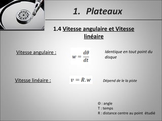 1. Plateaux
1.4 Vitesse angulaire et Vitesse
linéaire
Vitesse angulaire : Identique en tout point du
disque
Vitesse linéaire :
Θ : angle
T : temps
R : distance centre au point étudié
Dépend de le la piste
 