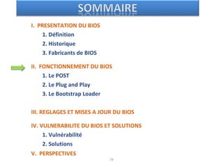 I. PRESENTATION DU BIOS
1. Définition
2. Historique
3. Fabricants de BIOS
II. FONCTIONNEMENT DU BIOS
1. Le POST
2. Le Plug and Play
3. Le Bootstrap Loader
III. REGLAGES ET MISES A JOUR DU BIOS
IV. VULNERABILITE DU BIOS ET SOLUTIONS
1. Vulnérabilité
2. Solutions
V. PERSPECTIVES
74
 