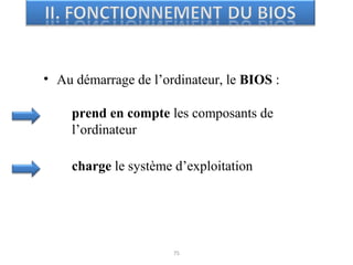 • Au démarrage de l’ordinateur, le BIOS :
75
prend en compte les composants de
l’ordinateur
charge le système d’exploitation
 