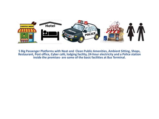 5 Big Passenger Platforms with Neat and Clean Public Amenities, Ambient Sitting, Shops,
Restaurant, Post office, Cyber café, lodging facility, 24-hour electricity and a Police station
inside the premises- are some of the basic facilities at Bus Terminal.
 